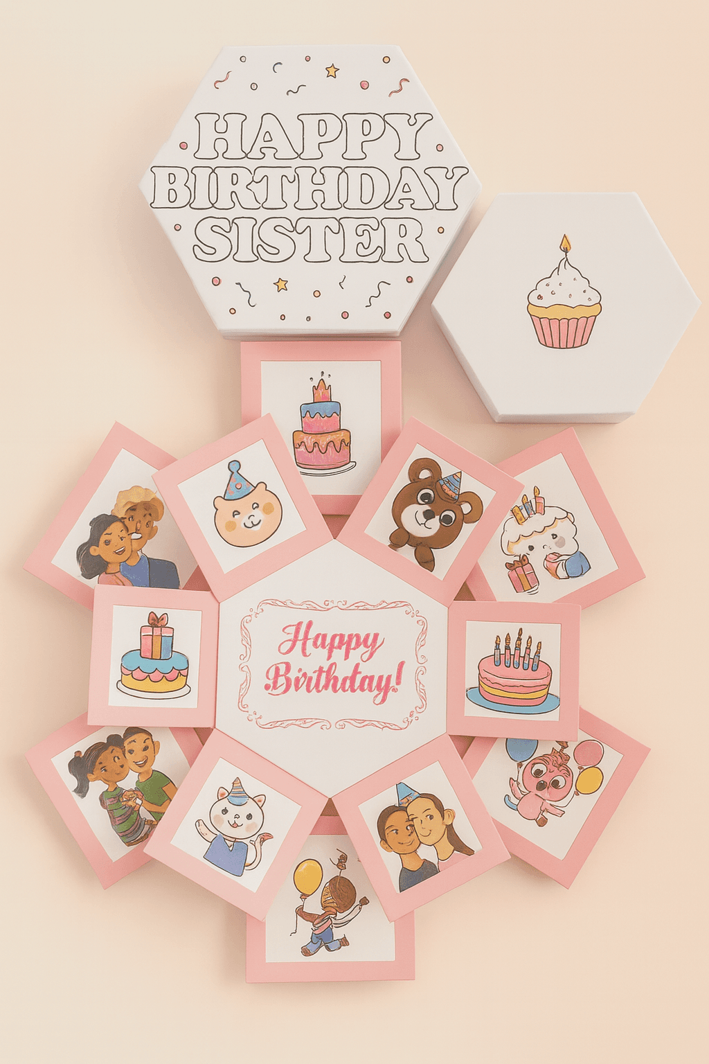 Custom Multilayer Hexagon Explosion Gift Box – Personalized Birthday Surprise Box with Cute Illustrations & Photo Spaces print view 6