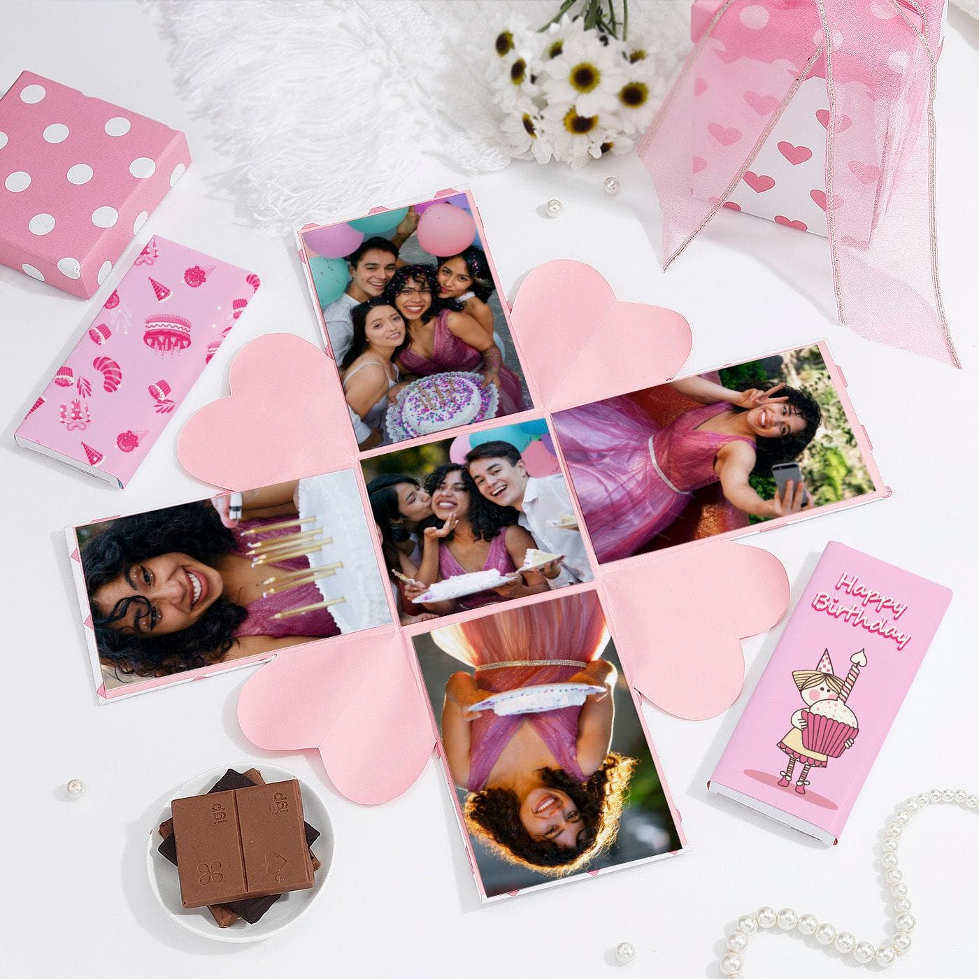 Custom Multilayer Hexagon Explosion Gift Box – Personalized Birthday Surprise Box with Cute Illustrations & Photo Spaces printing in India