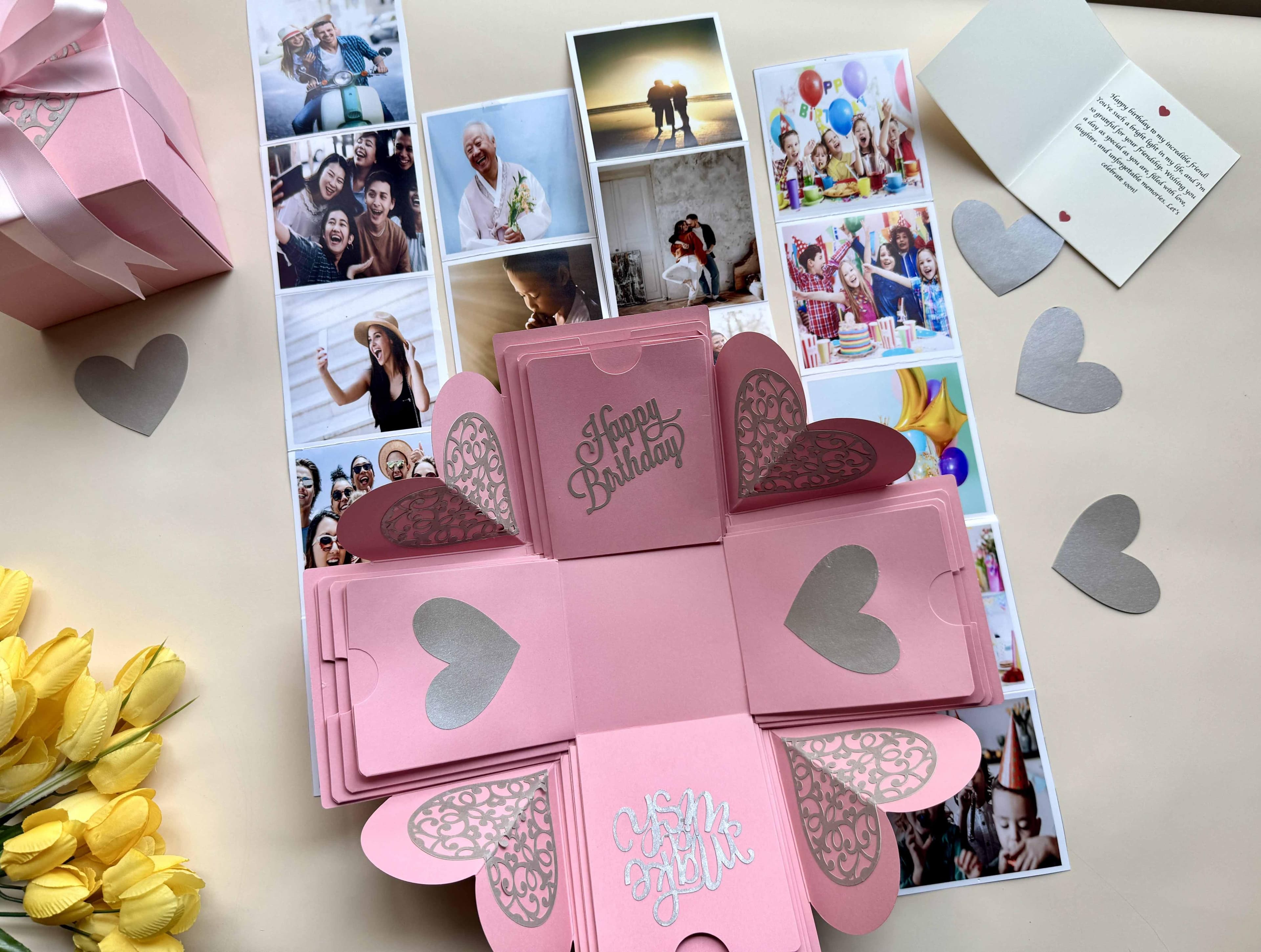 Custom Multilayer Hexagon Explosion Gift Box – Personalized Birthday Surprise Box with Cute Illustrations & Photo Spaces print view 4