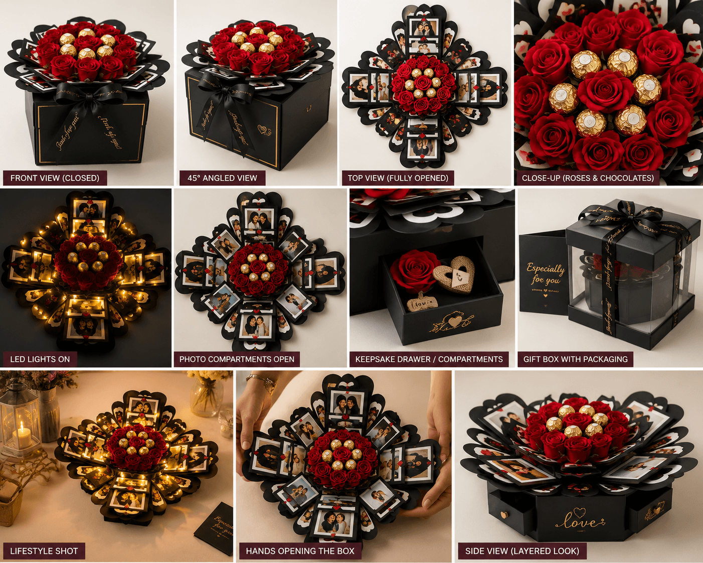 Custom Four-Layer Premium Quadrat Gift Box | LED Light Luxury Hamper with Roses, Chocolates, Photos & Keepsake Compartments | Ideal for Weddings, Anniversaries, Milestone Birthdays & Housewarming Gifts print view 4