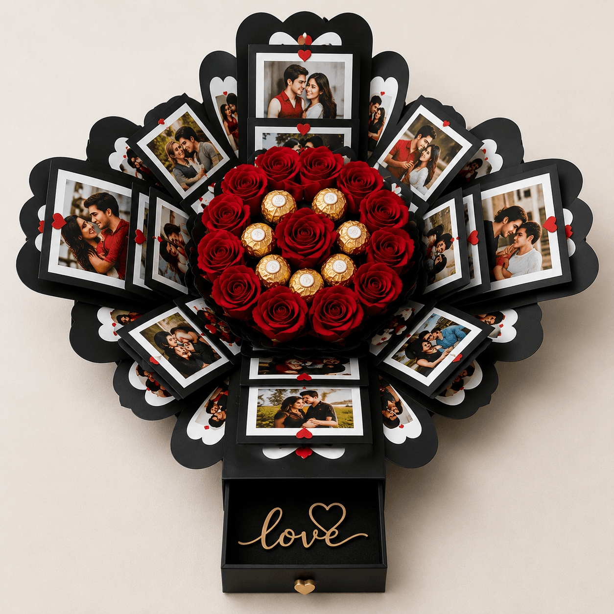 Custom Four-Layer Premium Quadrat Gift Box | LED Light Luxury Hamper with Roses, Chocolates, Photos & Keepsake Compartments | Ideal for Weddings, Anniversaries, Milestone Birthdays & Housewarming Gifts print view 2