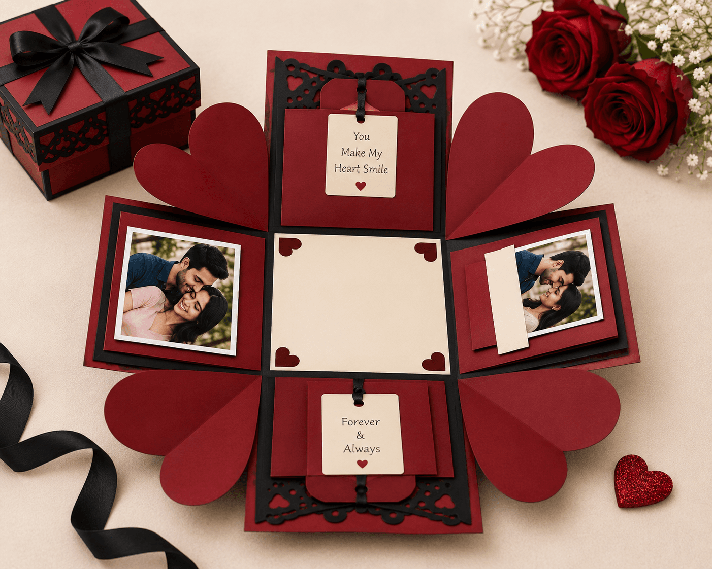 Custom Explosion Gift Box for Birthday & Anniversary | Handmade Single Layer Memory Box with Heart Flaps, Pockets & Photo Spaces printing in India