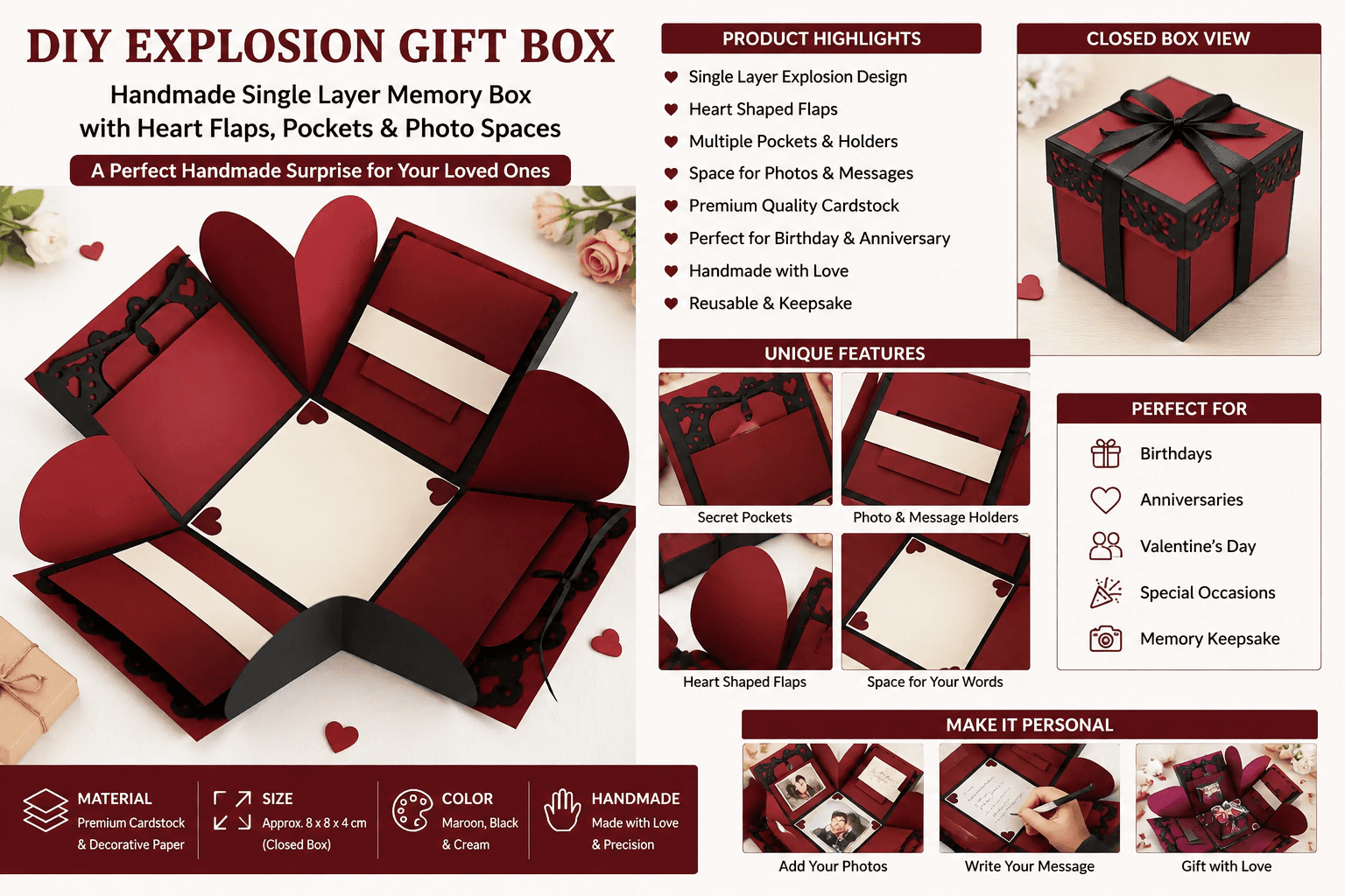 Custom Explosion Gift Box for Birthday & Anniversary | Handmade Single Layer Memory Box with Heart Flaps, Pockets & Photo Spaces print view 3