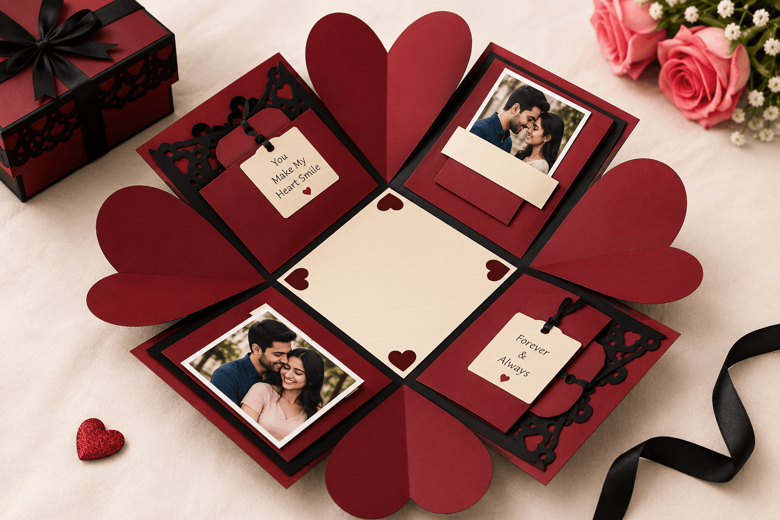 Custom Explosion Gift Box for Birthday & Anniversary | Handmade Single Layer Memory Box with Heart Flaps, Pockets & Photo Spaces print view 2